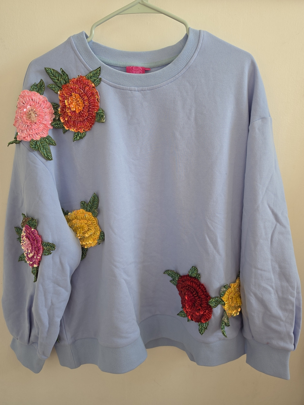 QUEEN OF SPARKLES Light Blue Crewneck Sweater With Sequin Roses